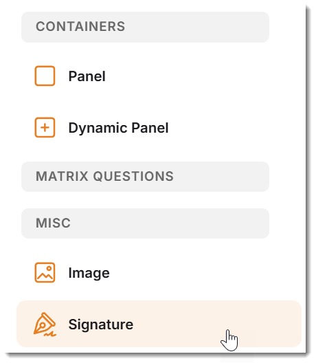 Shows the toolbar on the left of the Smart Forms version two form creator where the signature question type is highlighted.